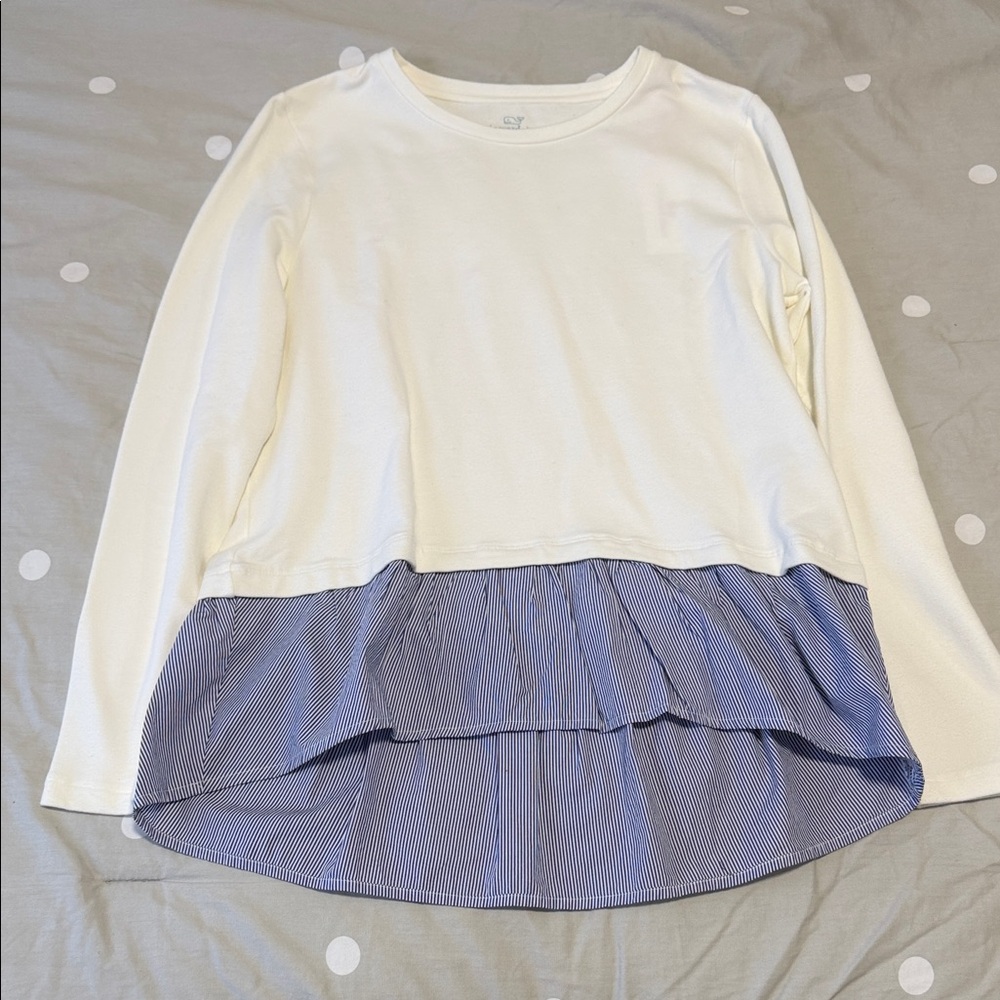 Vineyard Vines White Long-Sleeve Top with Blue Striped Ruffle Hem